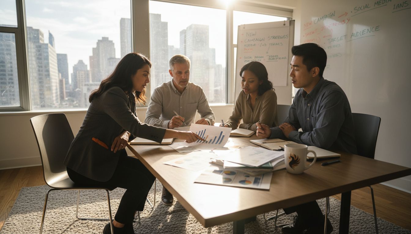 Marketing team meeting with client in bright office