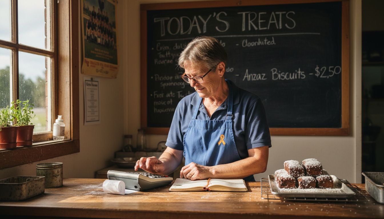 Bakery owner calculating at shop counter