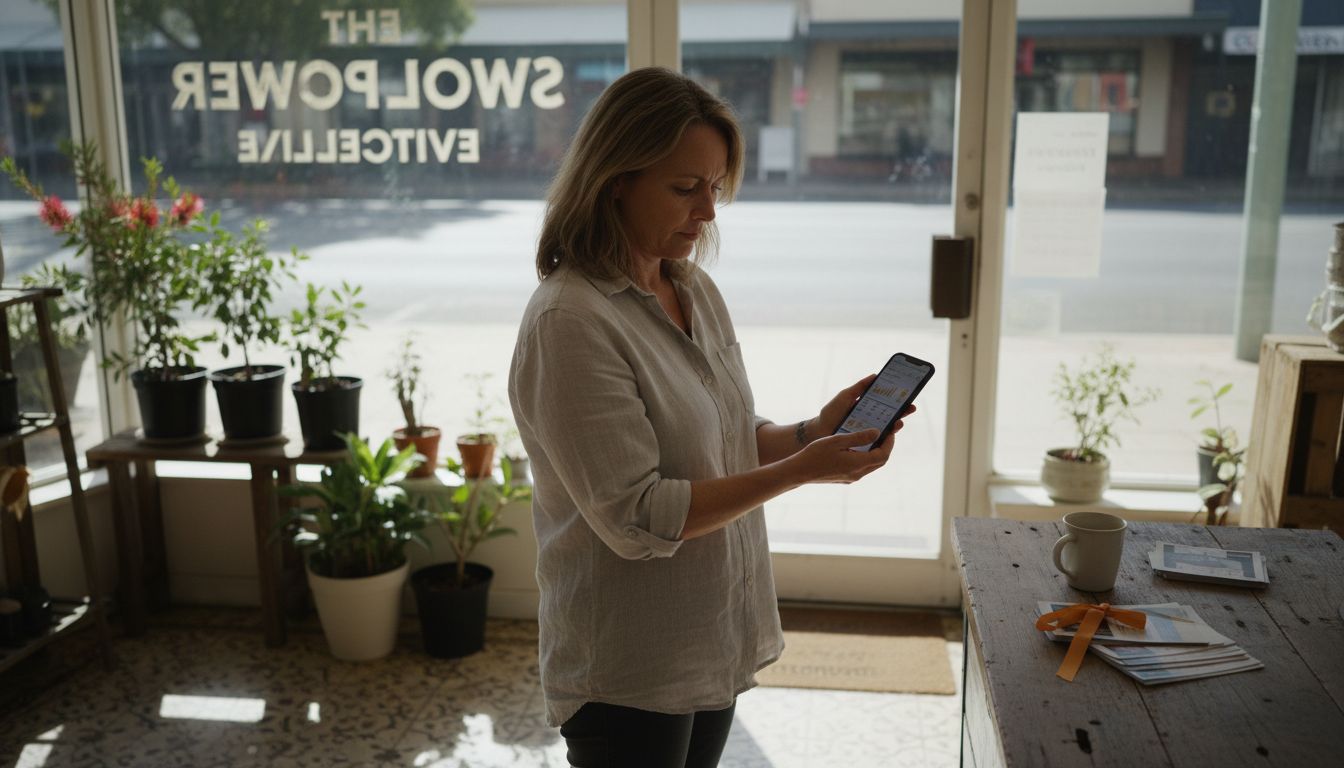 Shop owner using marketing tools in regional Australia