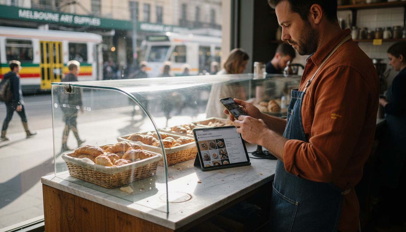 Cafe owner updates social media on phone