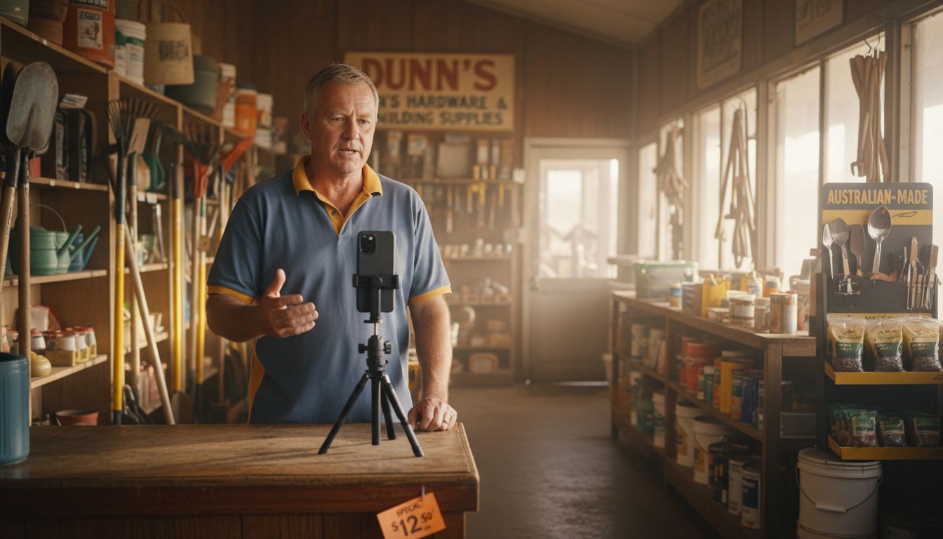 Regional SME owner filming video in hardware shop