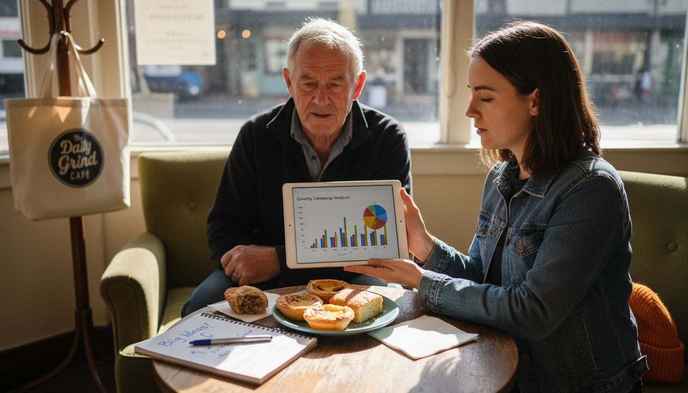 Consultant discussing marketing with local owner