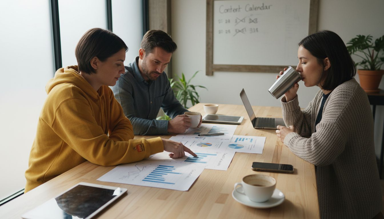 Small team reviews blog strategy together