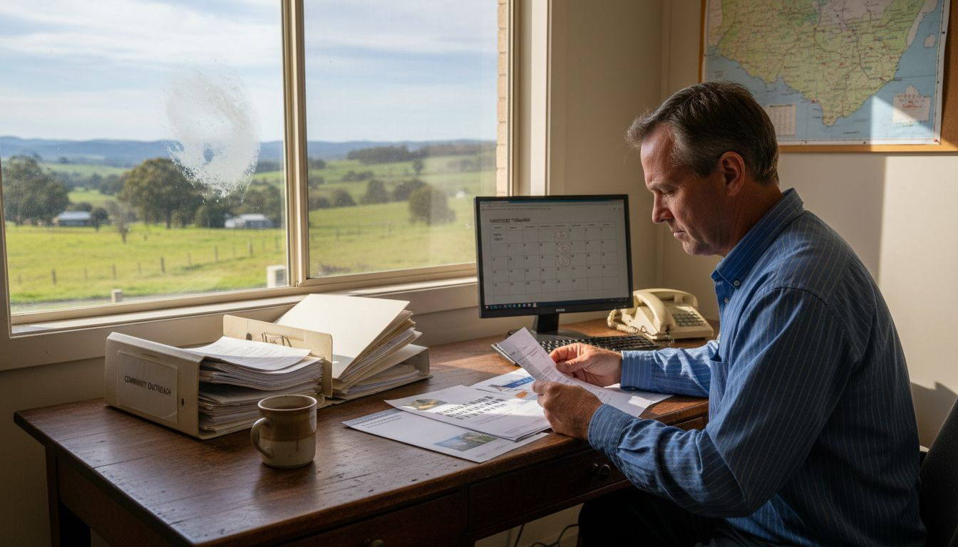 Regional health business owner at cluttered office desk