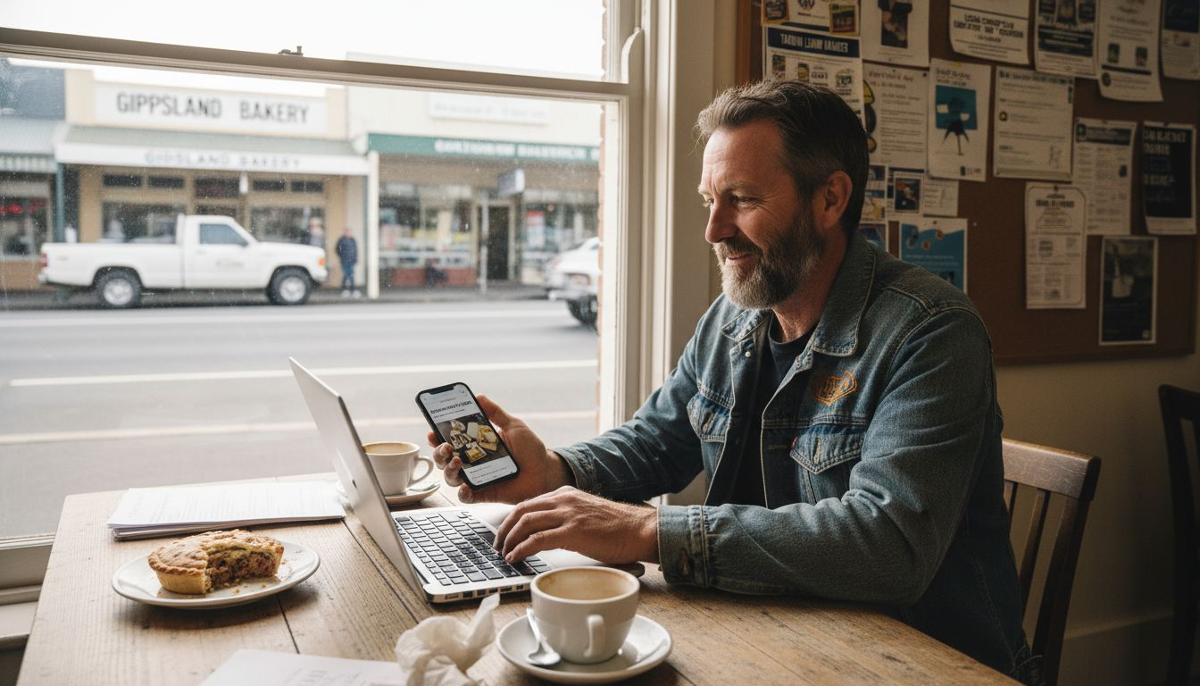 Gippsland business owner working on laptop in café