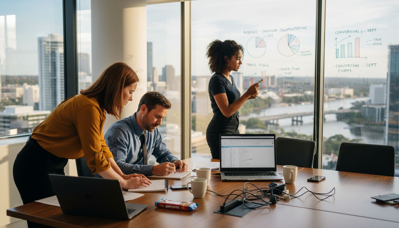 Team working at agency office with Brisbane skyline