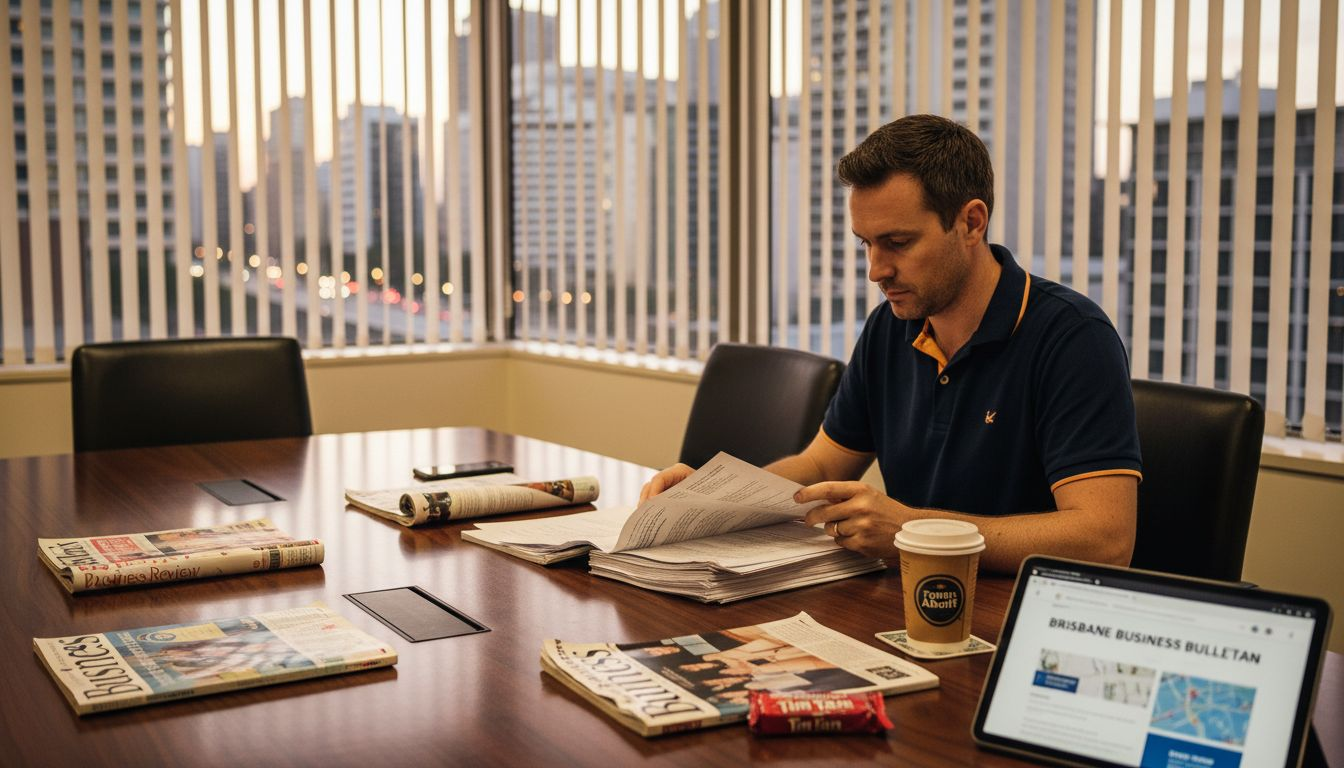 Strategist reviewing reports in Brisbane office