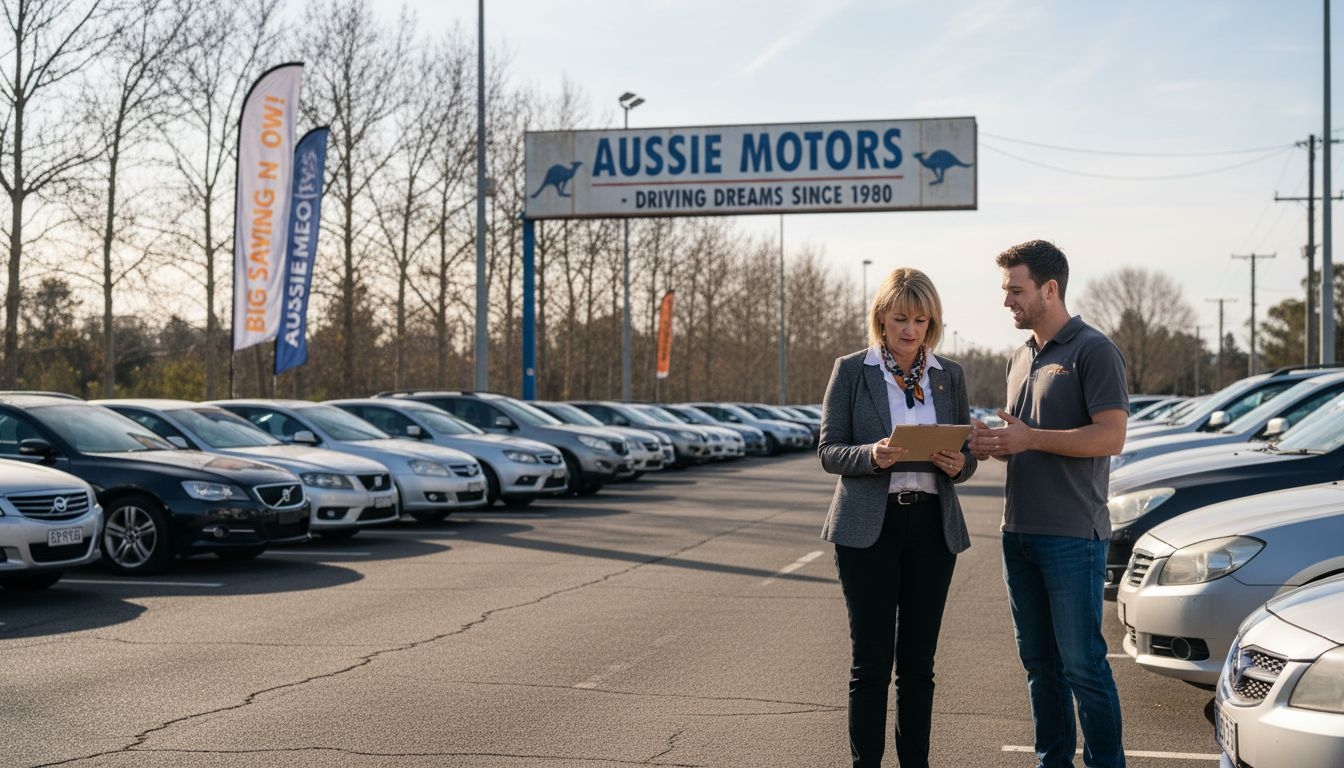 Automotive dealership manager and staff outside dealership
