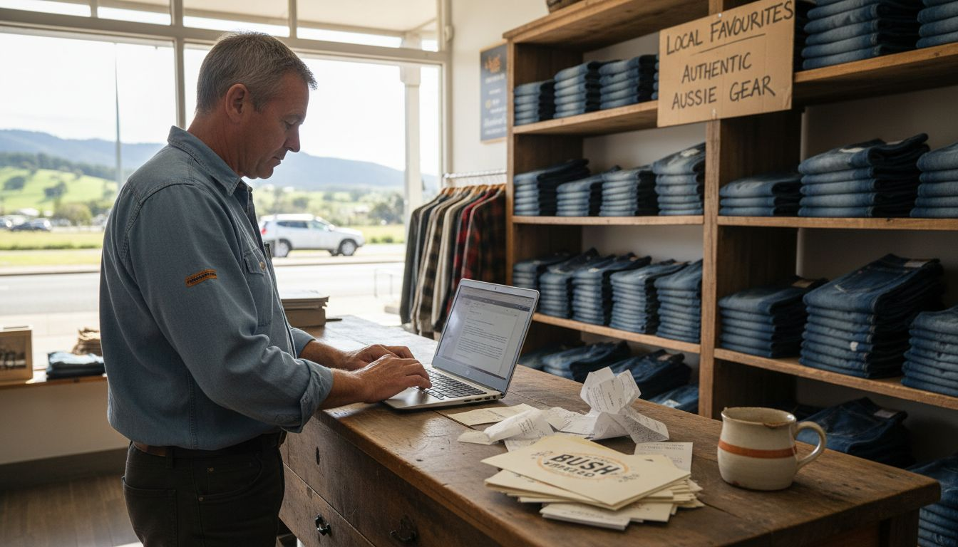 Gippsland store owner working on laptop
