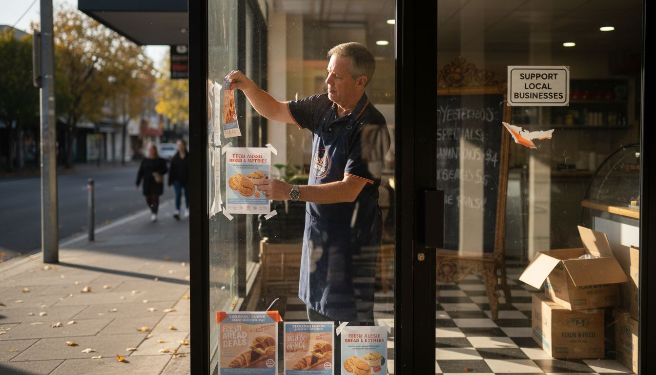 Local business owner arranging flyers at storefront
