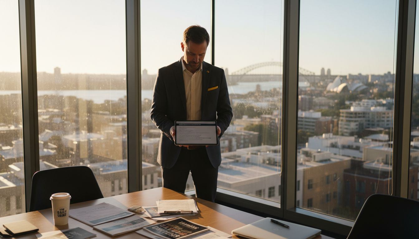 Strategist in Sydney office reviewing marketing brief