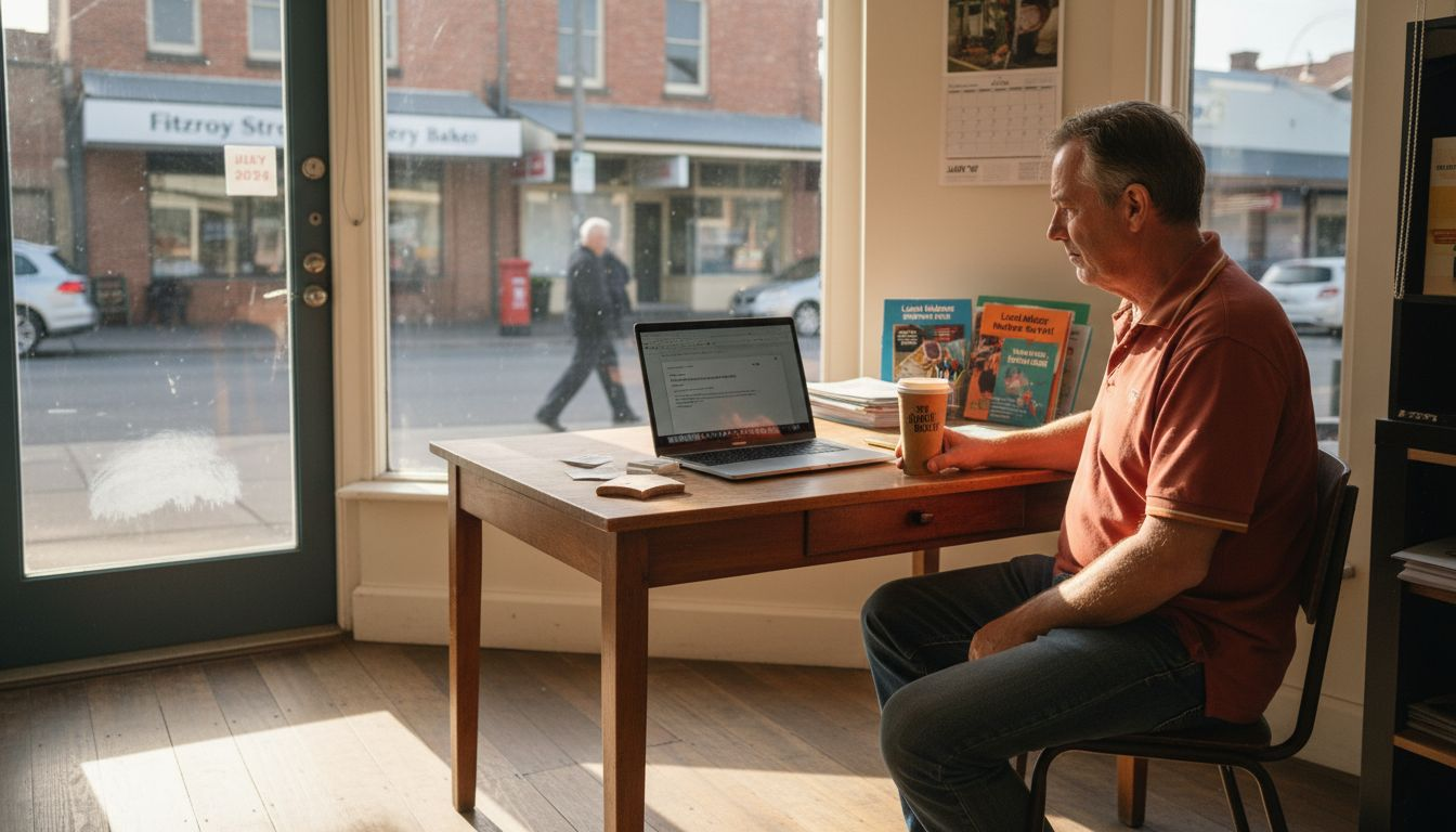 Local business owner composing email campaign