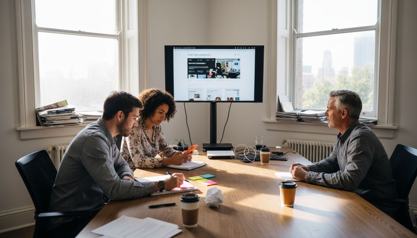 Team reviewing agency website designs in sunny office