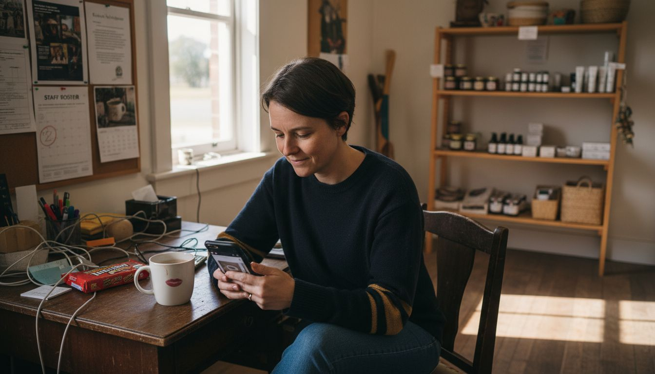 Retail manager posting product to social media in shop office