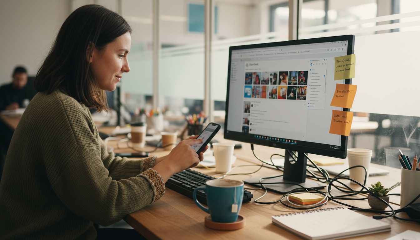 Social media manager posting from agency desk