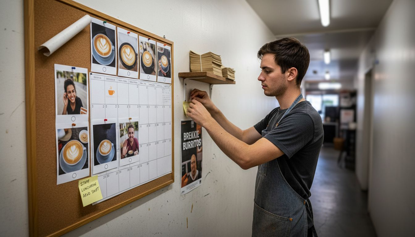 Cafe owner creating social media schedule