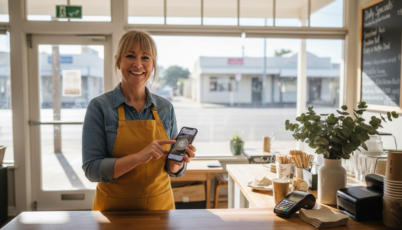 Café owner manages digital marketing on phone