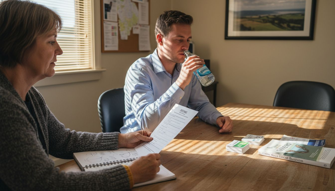 Business owner interviewing marketing strategist candidate