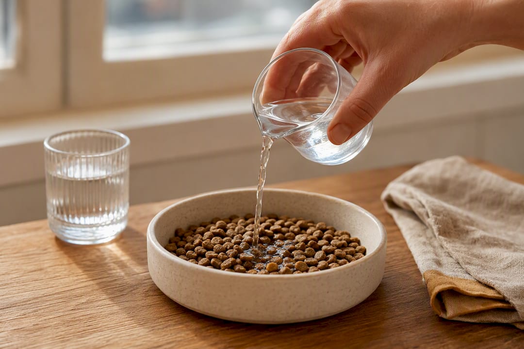 Hand adding warm water to cat kibble