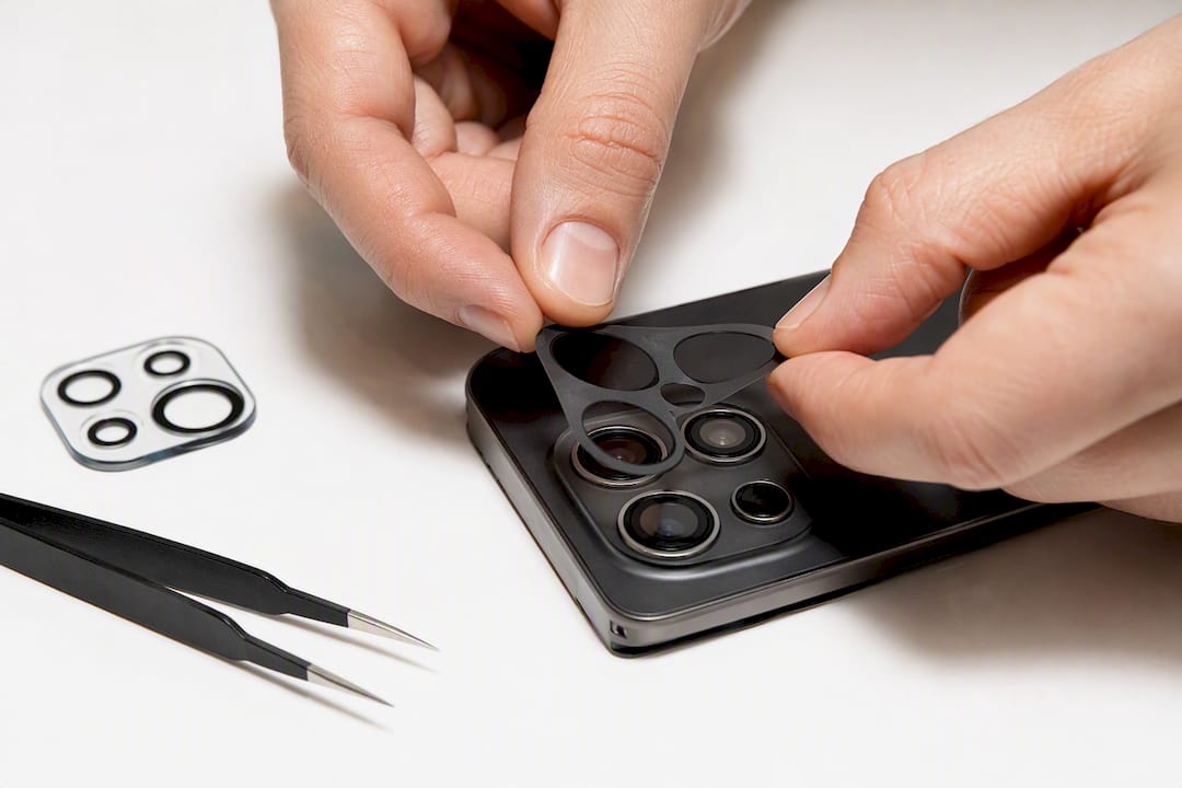 Hands aligning pre-cut camera adhesive