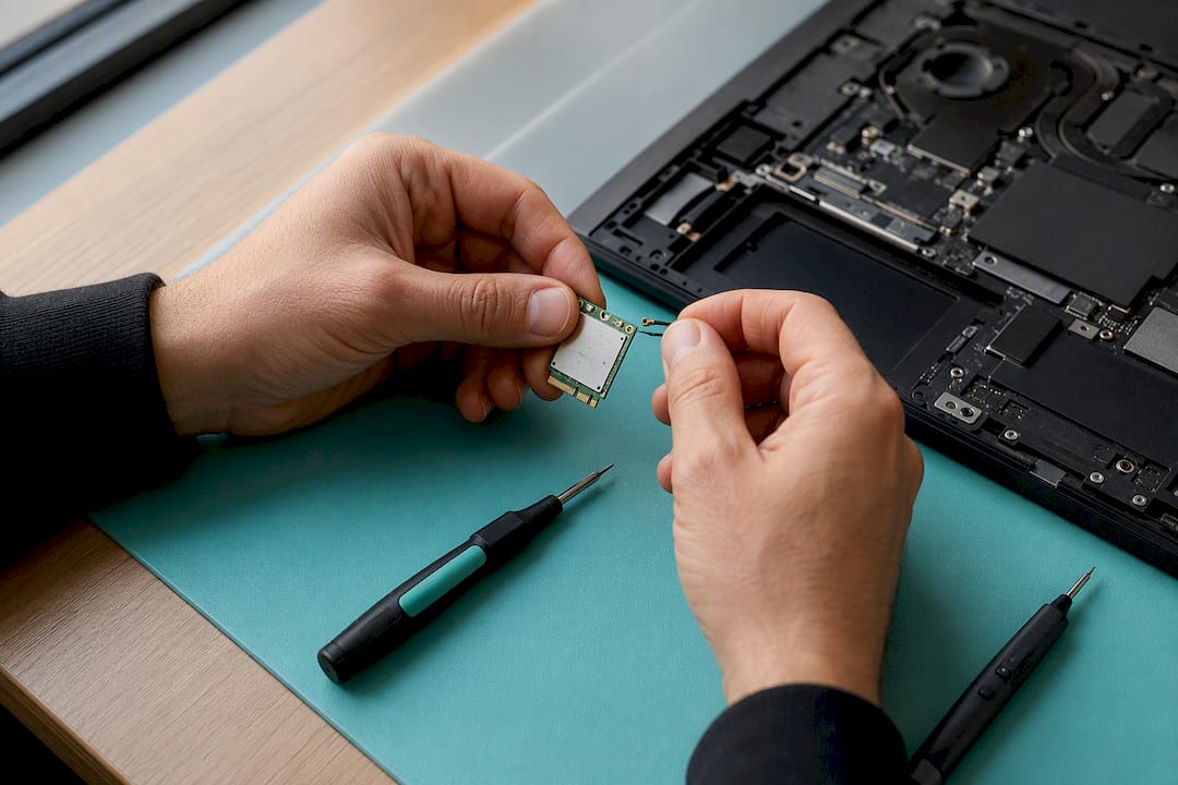 Technician examining laptop wireless module