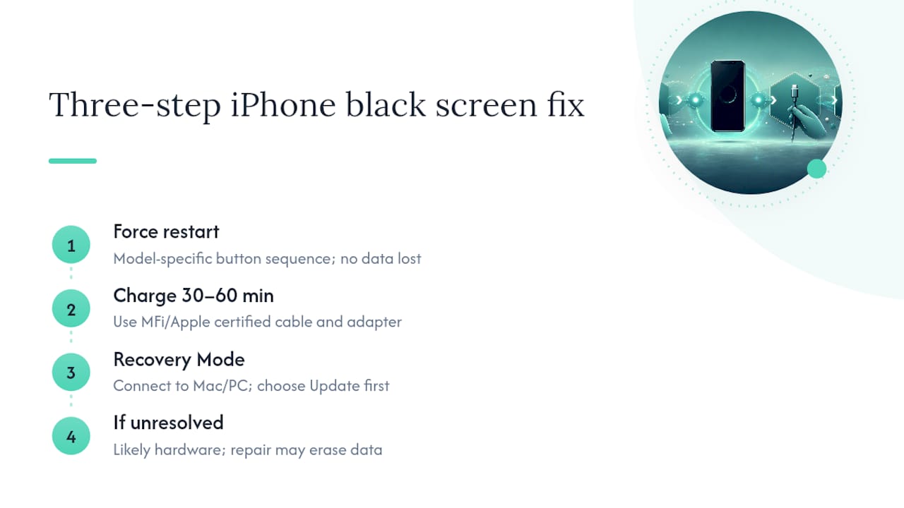 Three-step iPhone black screen troubleshooting sequence