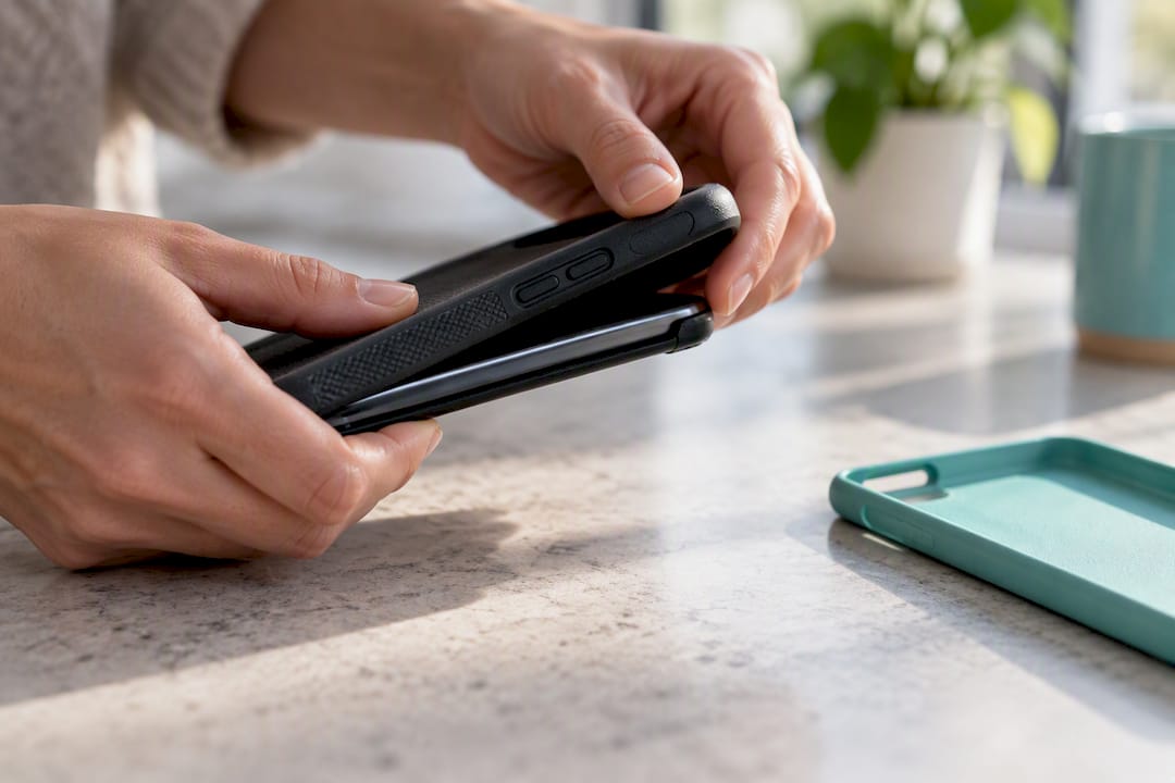 Hands removing a thick phone case