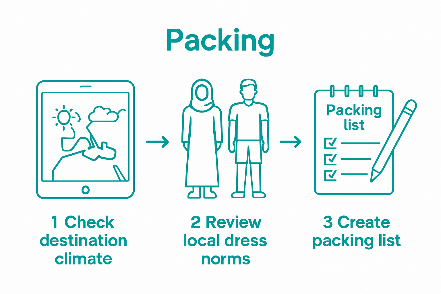 Climate, culture, packing steps visual summary