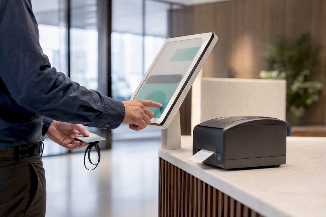 Visitor using a kiosk in a workplace lobby