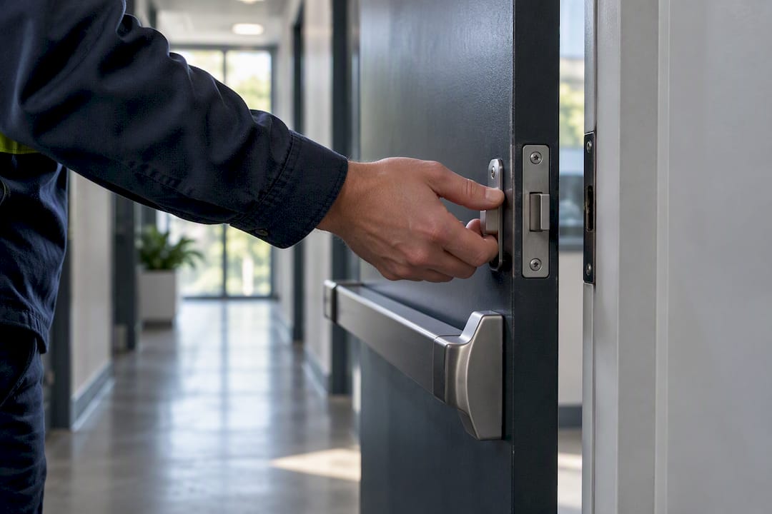 Warden inspecting a fire door latch
