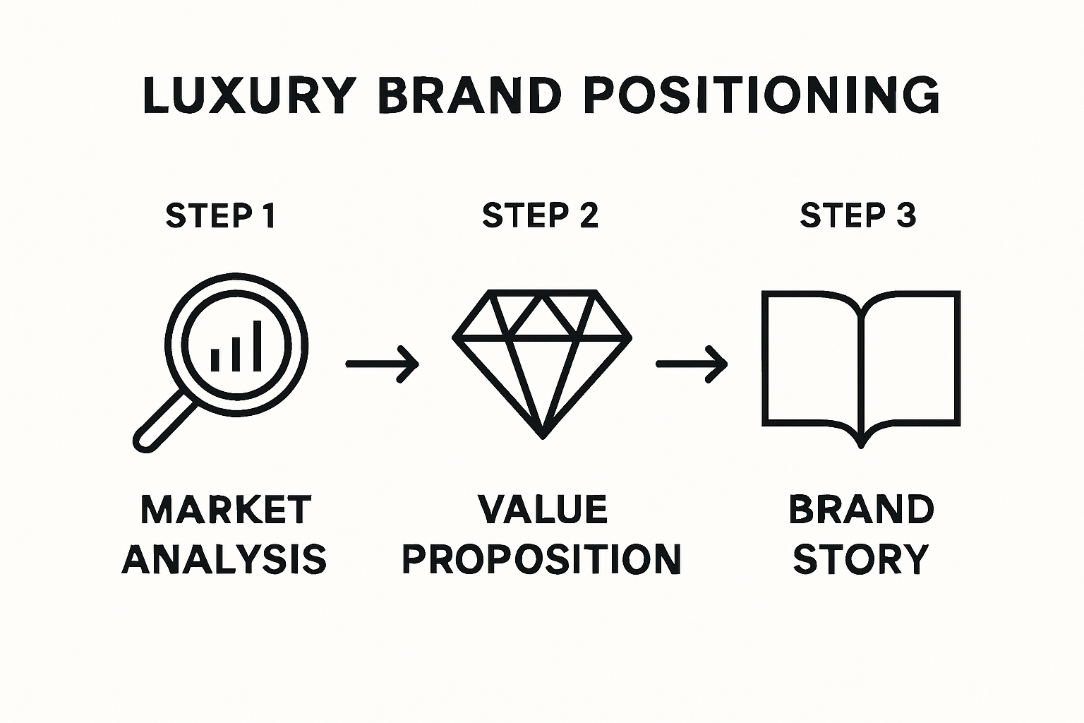 Infographic showing three steps of luxury brand positioning workflow