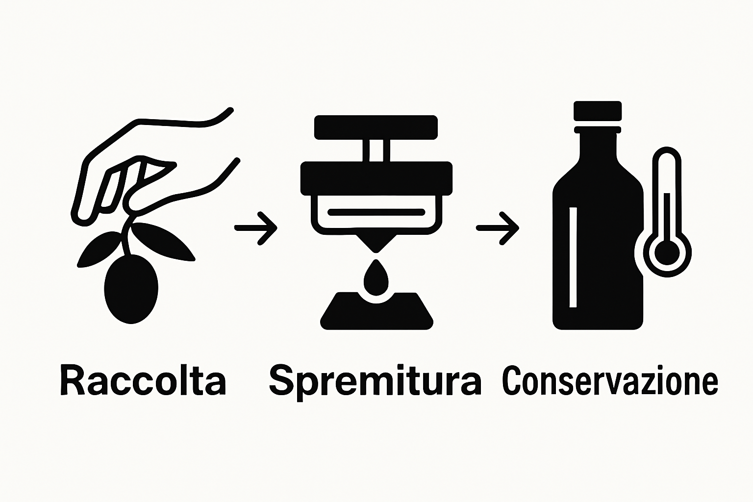 Three-stage workflow for artisanal olive oil: selection, pressing, and storage.