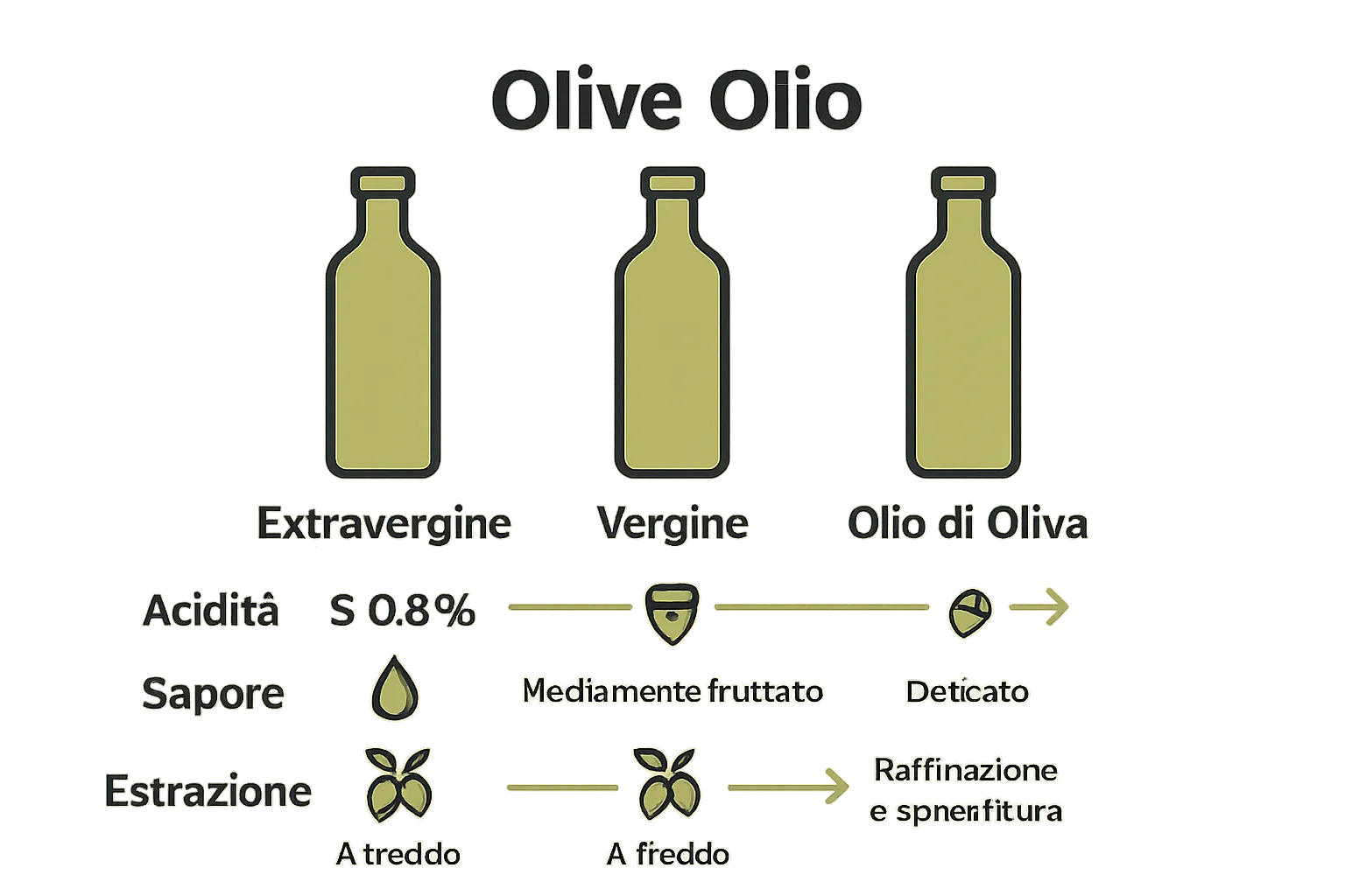 Infographic comparing extra virgin, virgin, and olive oil characteristics
