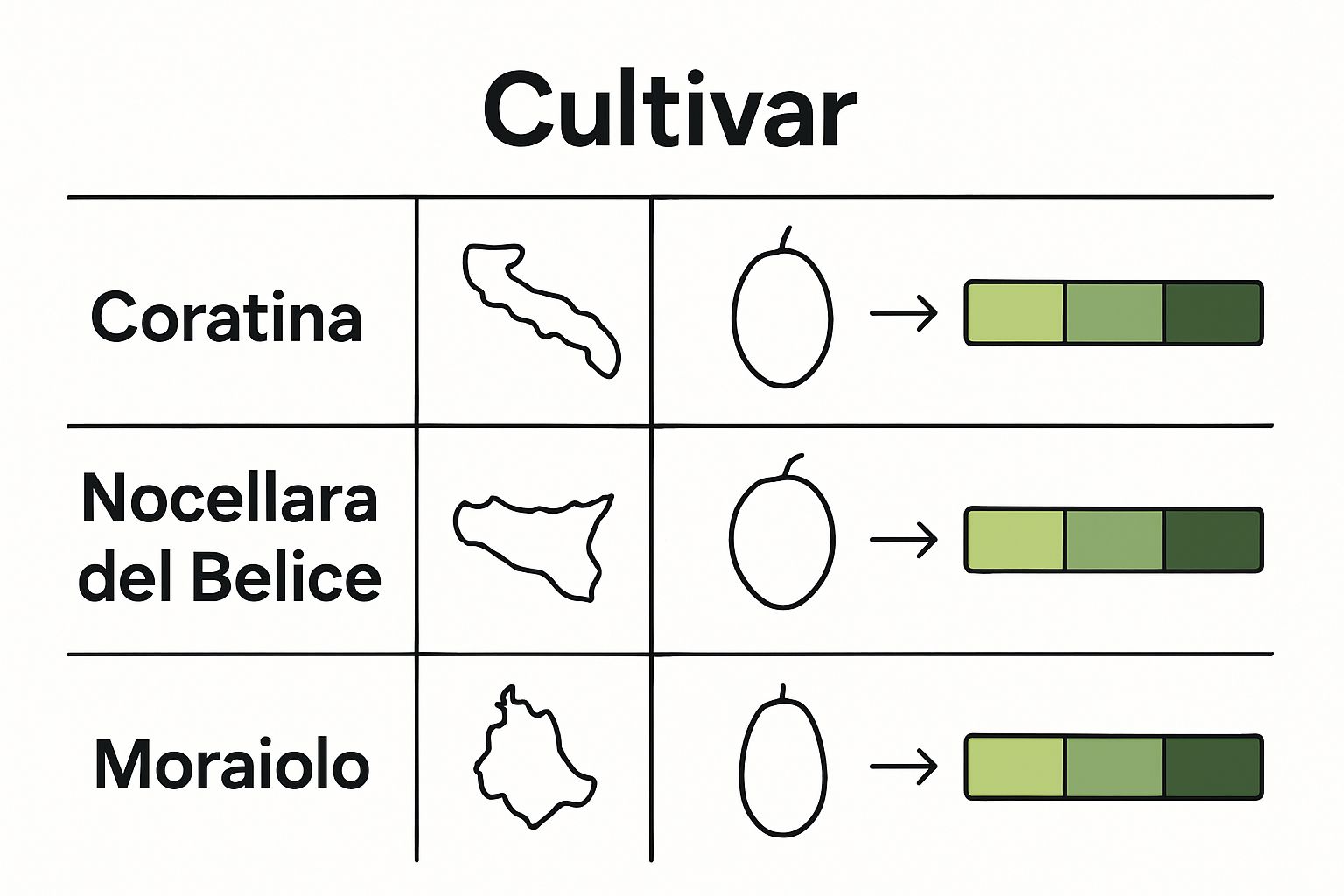 Visual comparison of three main Italian olive cultivars