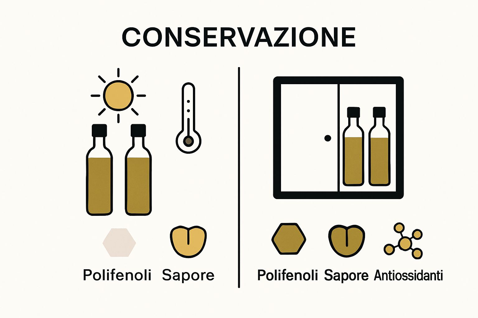 Infographic comparing effects of proper vs. improper olive oil storage