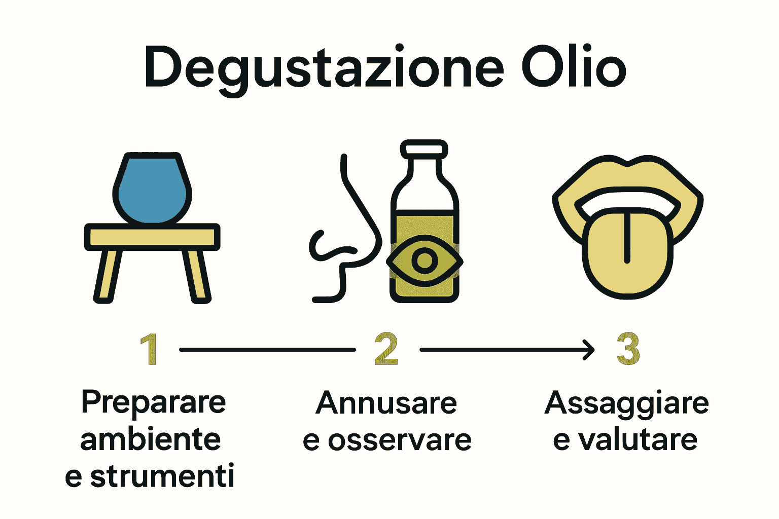 Infografica sulle 3 fasi chiave per degustare l’olio.