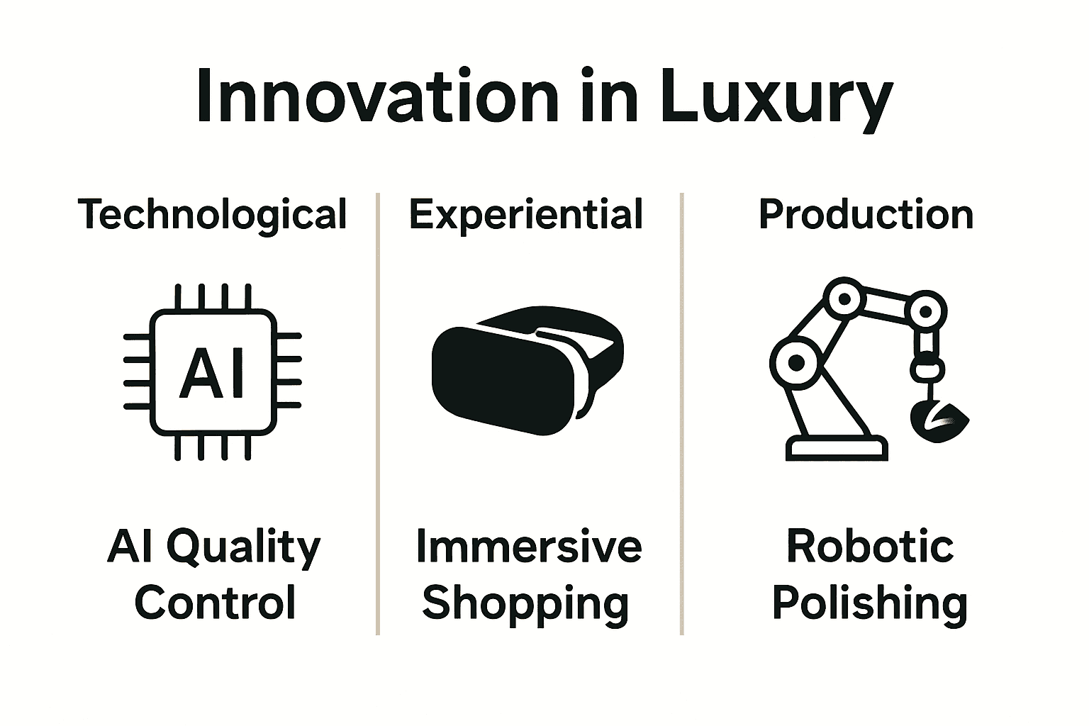 Infographic comparing types of innovation in luxury brands: technological, experiential, sustainability, production.