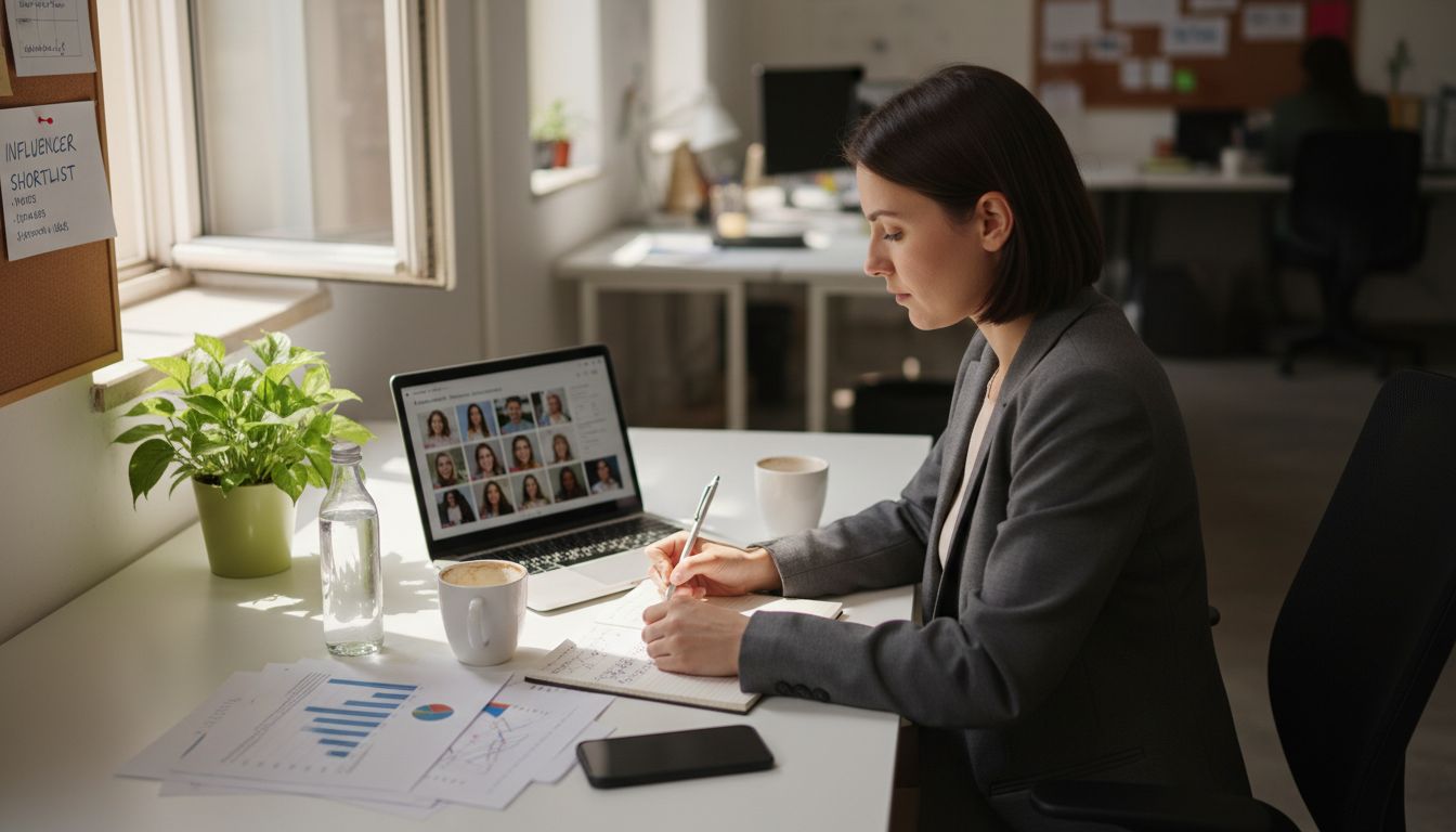 Step by Step Luxury Influencer Marketing for Elite Brands Brand manager vetting influencer candidates at desk