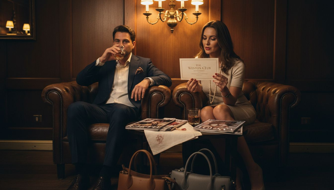 Elegant guests inside private luxury club lounge