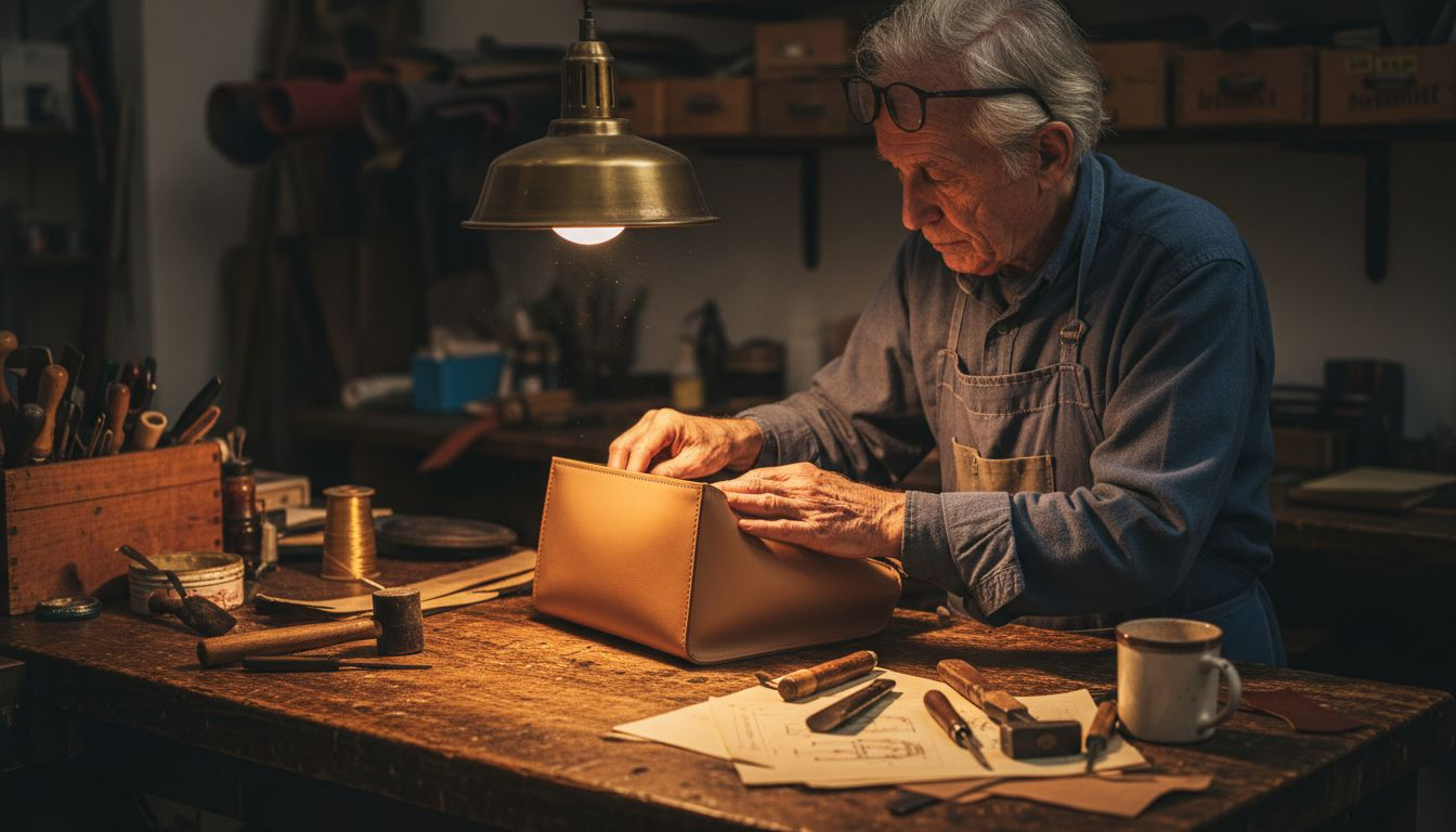 Craftsman examining luxury handbag in atelier