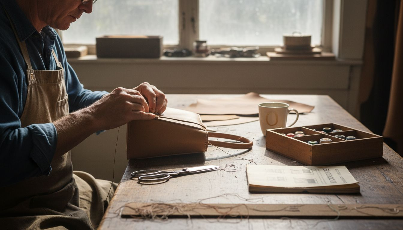 Artisan hand-stitching leather handbag in workshop