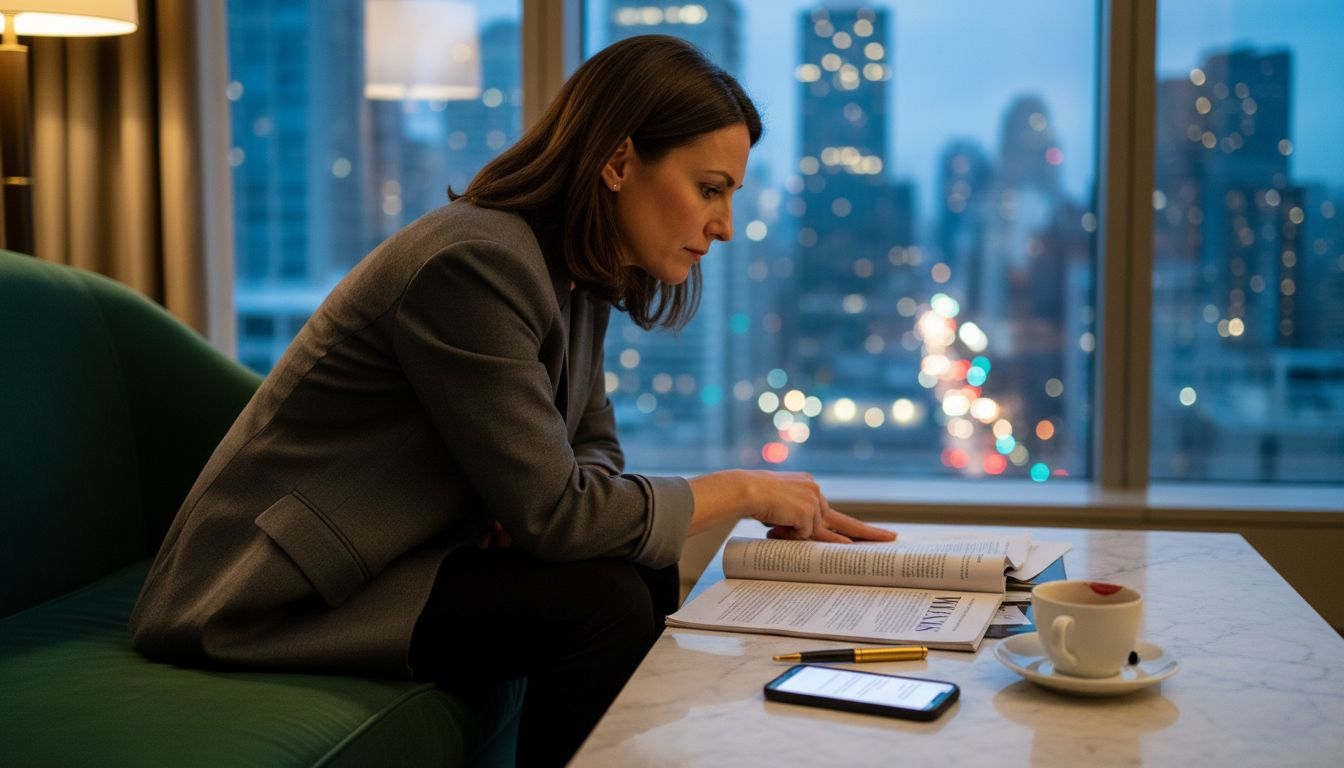 Role of Media Coverage in Luxury Branding Success Journalist reviewing WSJ magazine in penthouse lounge