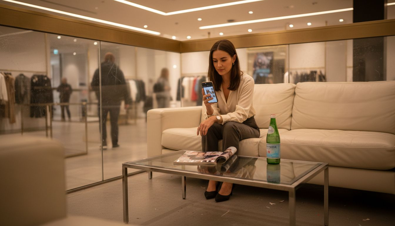 Defining Digital Luxury: Elevating Brand Experience Woman using phone in digital luxury lounge