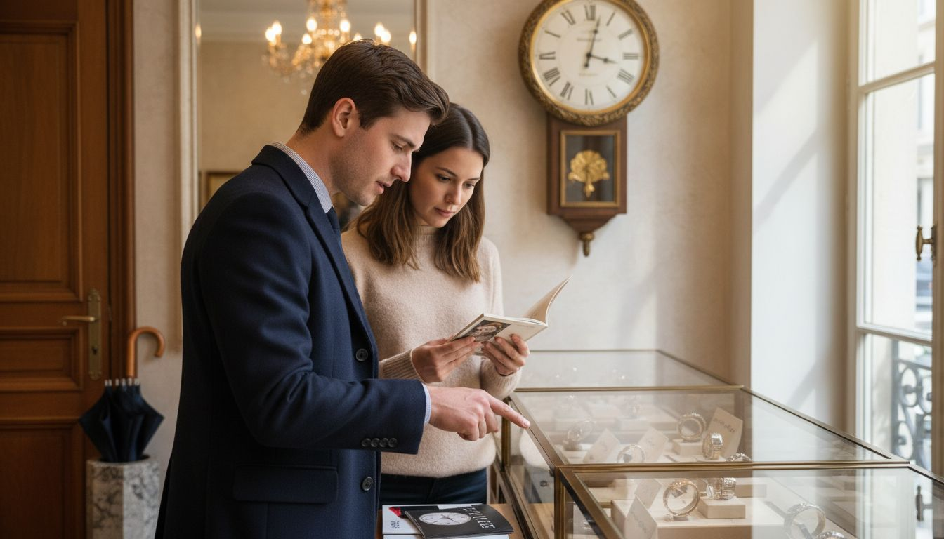 Couple shopping in luxury watch showroom