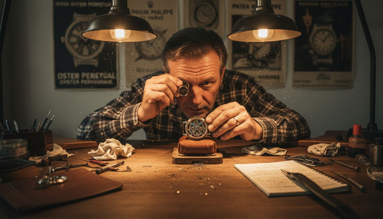 Watchmaker examining luxury timepiece details