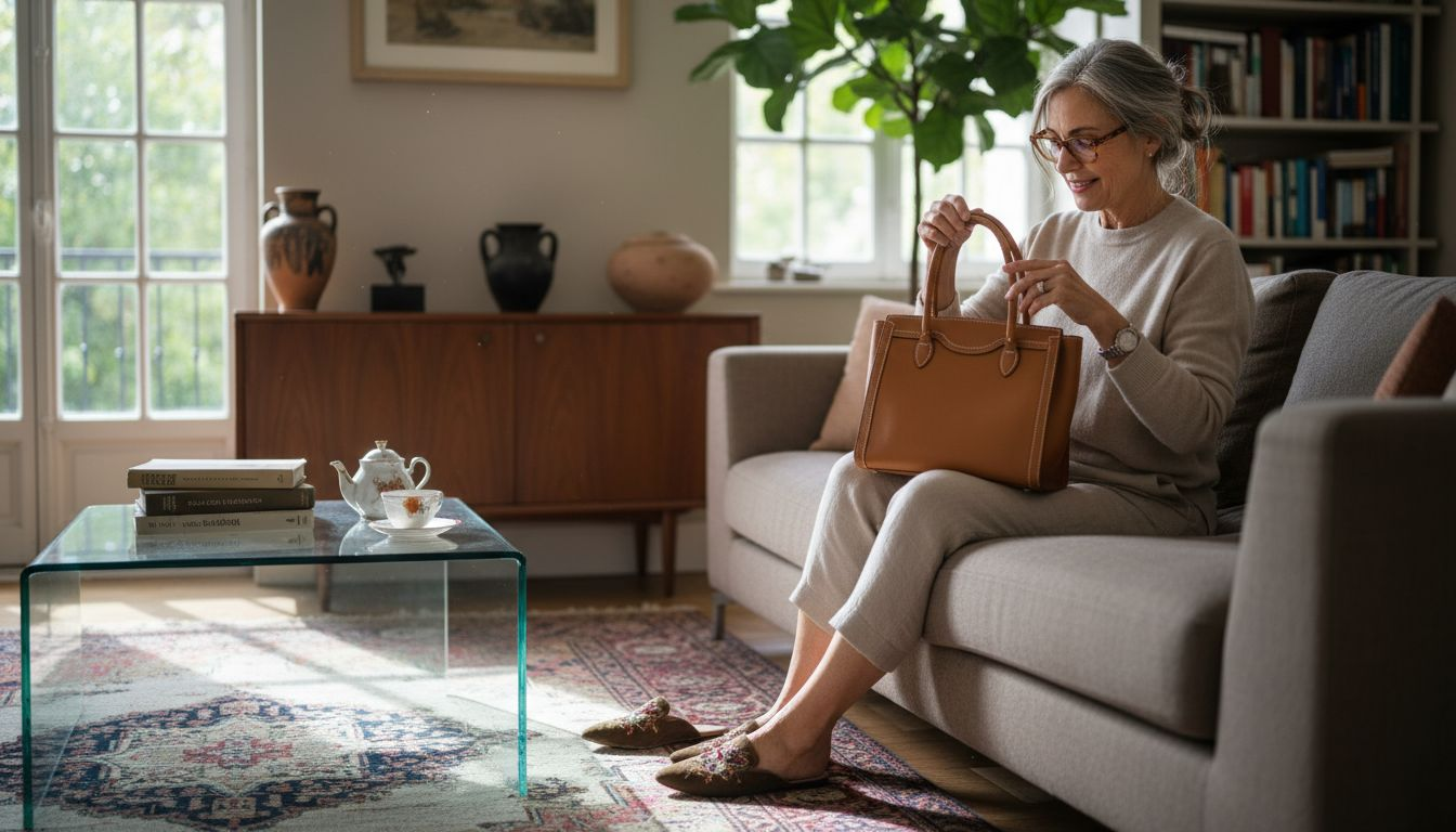 Customer appreciating authentic luxury handbag