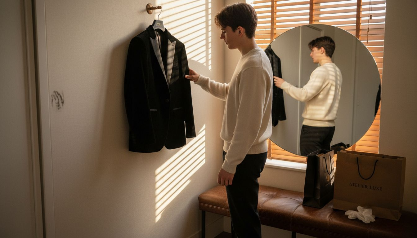 Shopper feeling jacket in luxury fitting room