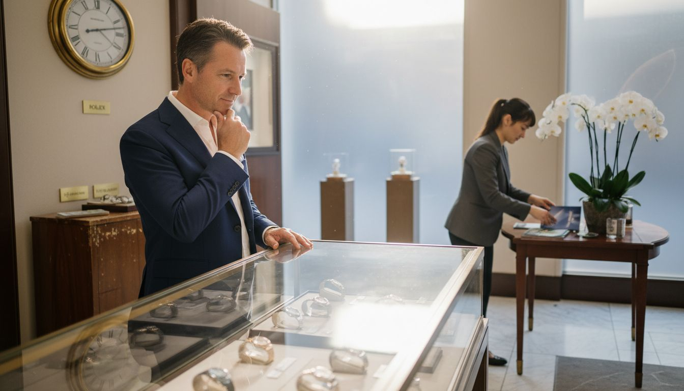 Shopper browsing luxury watch boutique