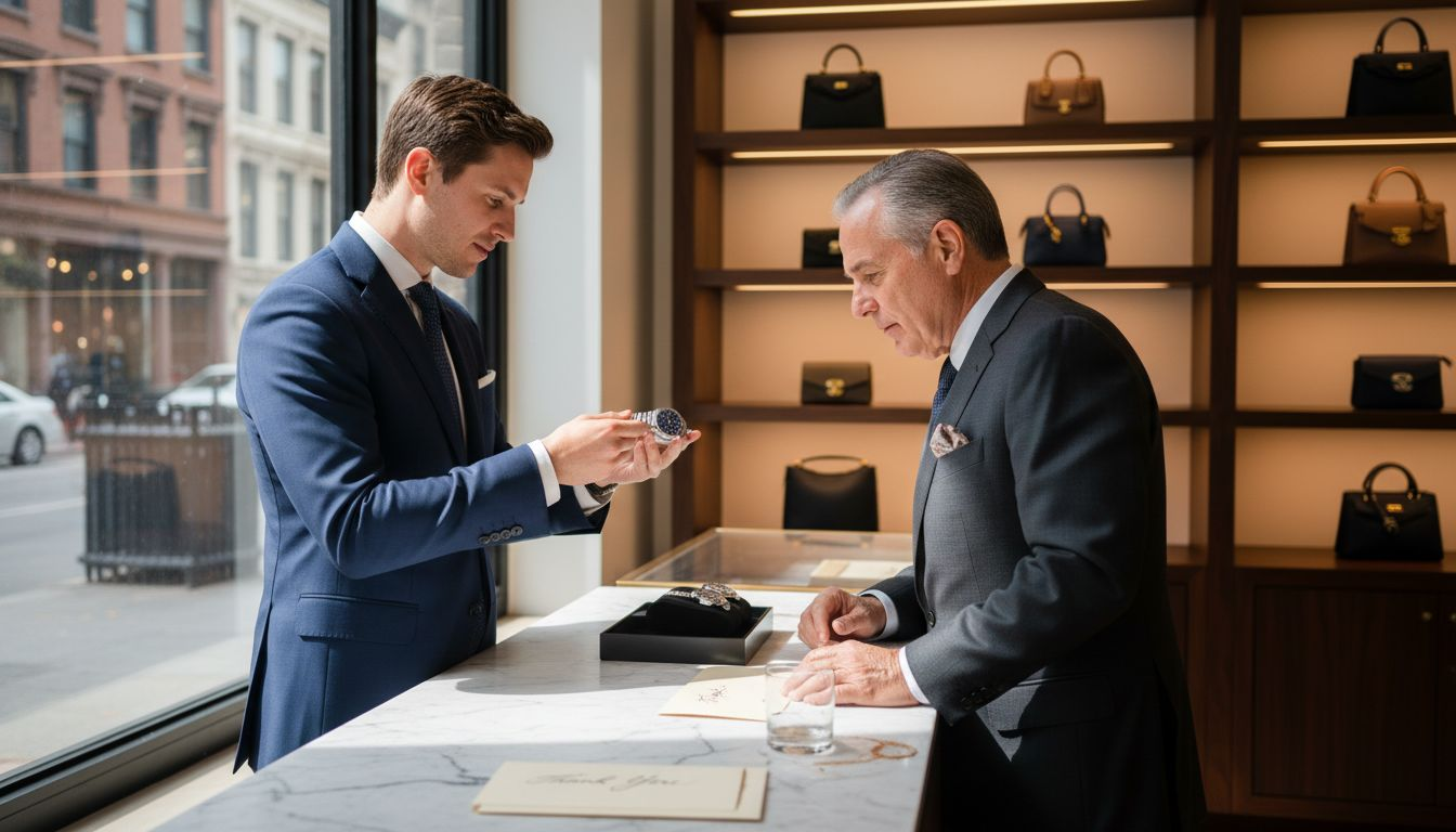 Sales associate showing luxury watch in boutique