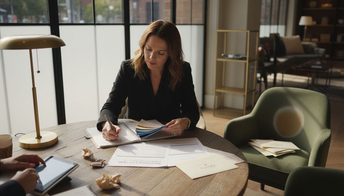 Marketing manager reviewing brand guidelines in lounge